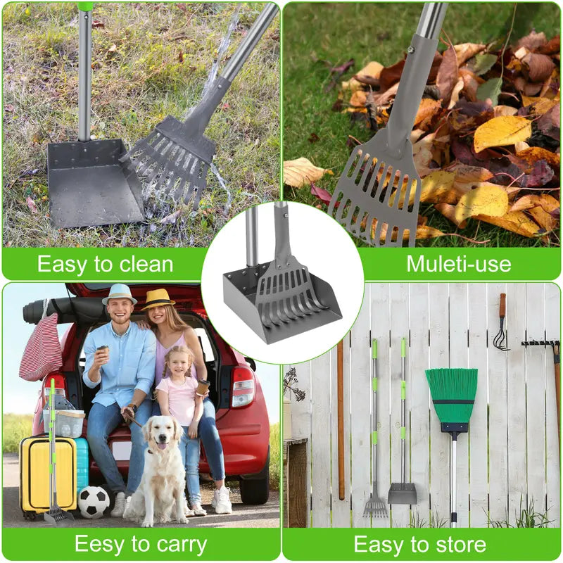 Dog Pooper Scooper Tray and Rake Set with Adjustable Stainless Steel Long Handle for Large, Medium & Small Dogs