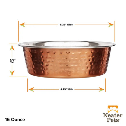 Neater Pets Hammered Copper Finish Pet Bowls for Dogs or Cats - 16-64 Oz Stainless Steel Interior No-Skid Design for Food & Water