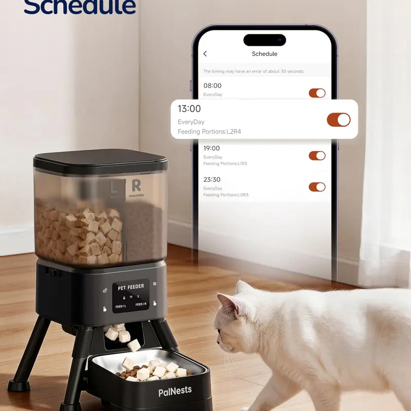 Palnests Smart 2-Hopper Automatic Pet Feeder - 4L Dry Food Dispenser with Detachable Stainless Steel Bowls, 2.4Ghz & 5Ghz Dual-Band Wifi Sync, Airtight Design, App Control, Timed Feeding, Dual Power Backup, Low Food Alerts for Cats & Small/Medium Dogs