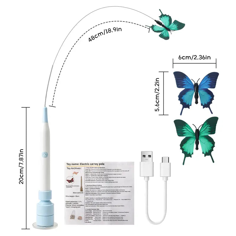 Automatic Interactive Butterfly Cat Teaser Toy,Usb Charging,360° Swivel Rotation,Detachable Handle, Dual-Purpose Design,Prevents Boredom for Indoor Cats Cat Toy Kitten Petlovers