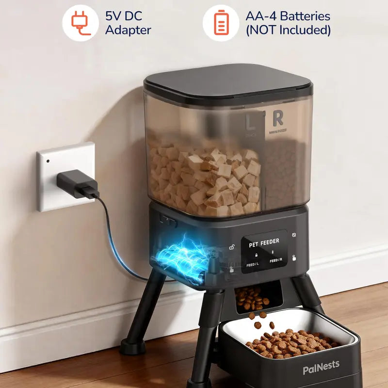 Palnests Smart 2-Hopper Automatic Pet Feeder - 4L Dry Food Dispenser with Detachable Stainless Steel Bowls, 2.4Ghz & 5Ghz Dual-Band Wifi Sync, Airtight Design, App Control, Timed Feeding, Dual Power Backup, Low Food Alerts for Cats & Small/Medium Dogs