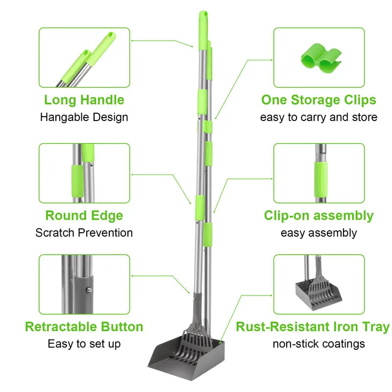 Dog Pooper Scooper Tray and Rake Set with Adjustable Stainless Steel Long Handle for Large, Medium & Small Dogs