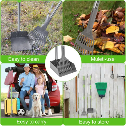 Dog Pooper Scooper Tray and Rake Set with Adjustable Stainless Steel Long Handle for Large, Medium & Small Dogs