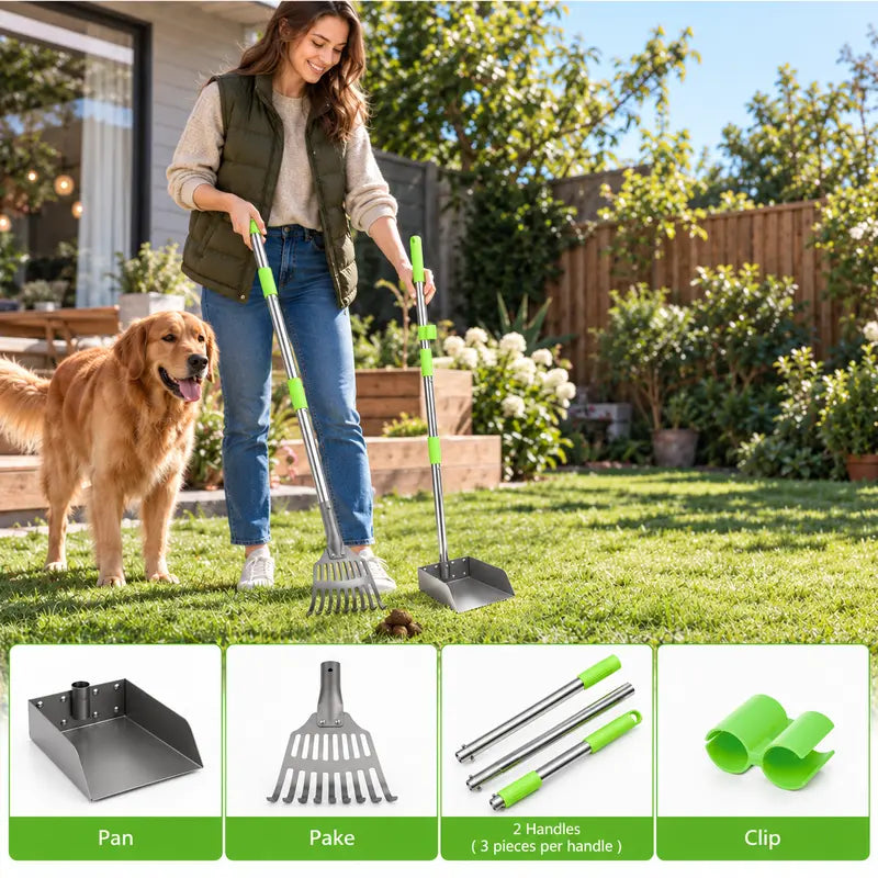 Dog Pooper Scooper Tray and Rake Set with Adjustable Stainless Steel Long Handle for Large, Medium & Small Dogs