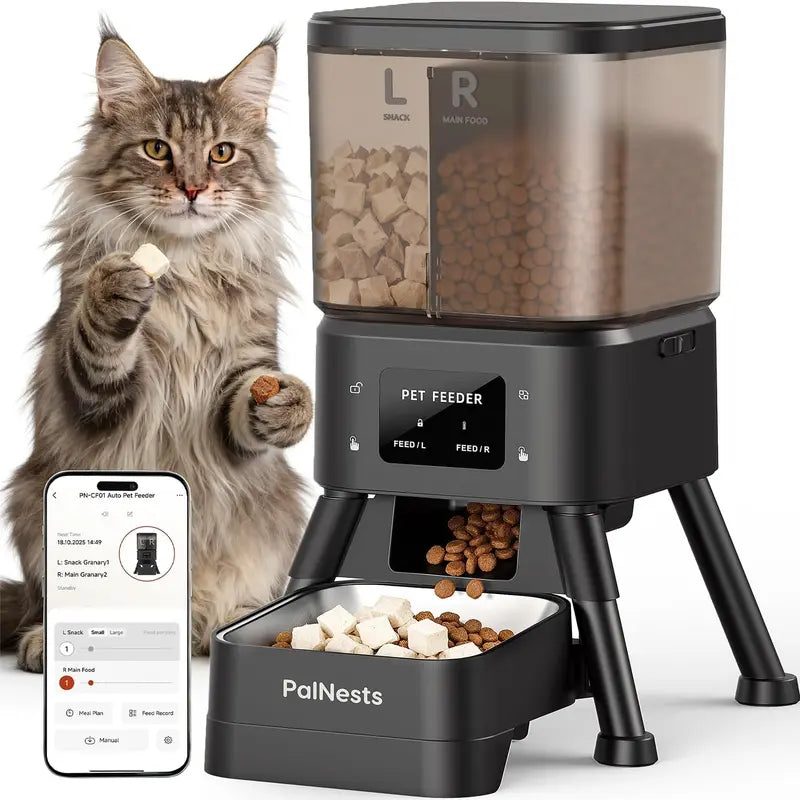 Palnests Smart 2-Hopper Automatic Pet Feeder - 4L Dry Food Dispenser with Detachable Stainless Steel Bowls, 2.4Ghz & 5Ghz Dual-Band Wifi Sync, Airtight Design, App Control, Timed Feeding, Dual Power Backup, Low Food Alerts for Cats & Small/Medium Dogs