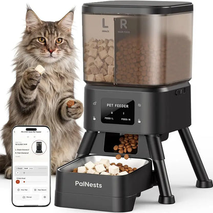 Palnests Smart 2-Hopper Automatic Pet Feeder - 4L Dry Food Dispenser with Detachable Stainless Steel Bowls, 2.4Ghz & 5Ghz Dual-Band Wifi Sync, Airtight Design, App Control, Timed Feeding, Dual Power Backup, Low Food Alerts for Cats & Small/Medium Dogs