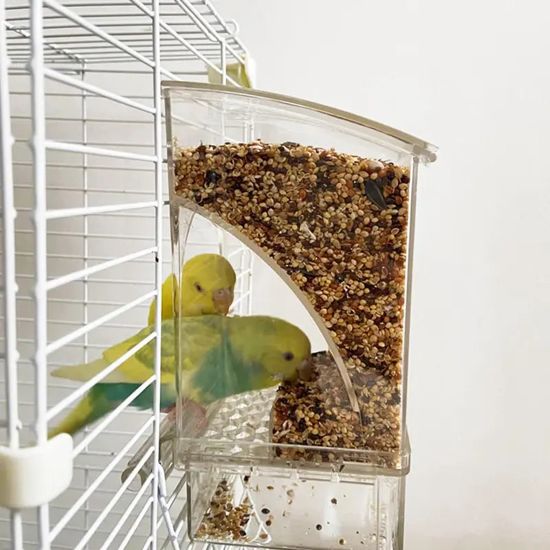 Automatic Bird Seed Feeder No Mess, Clear Acrylic Parrot Food Dispenser with Perch Stand, Smart Bird Cage Accessories for Small Parrots, Parakeets, Finches, Canaries