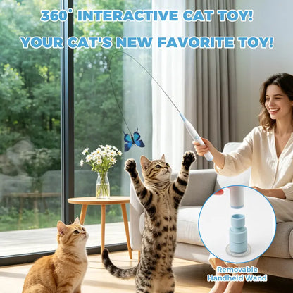 Automatic Interactive Butterfly Cat Teaser Toy,Usb Charging,360° Swivel Rotation,Detachable Handle, Dual-Purpose Design,Prevents Boredom for Indoor Cats Cat Toy Kitten Petlovers