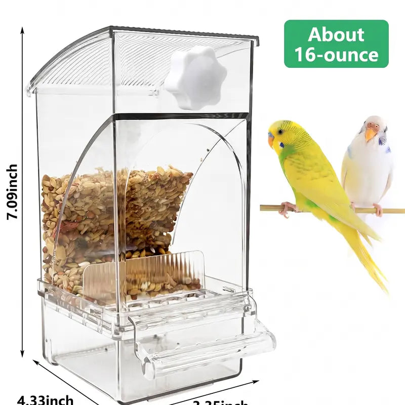 Automatic Bird Seed Feeder No Mess, Clear Acrylic Parrot Food Dispenser with Perch Stand, Smart Bird Cage Accessories for Small Parrots, Parakeets, Finches, Canaries