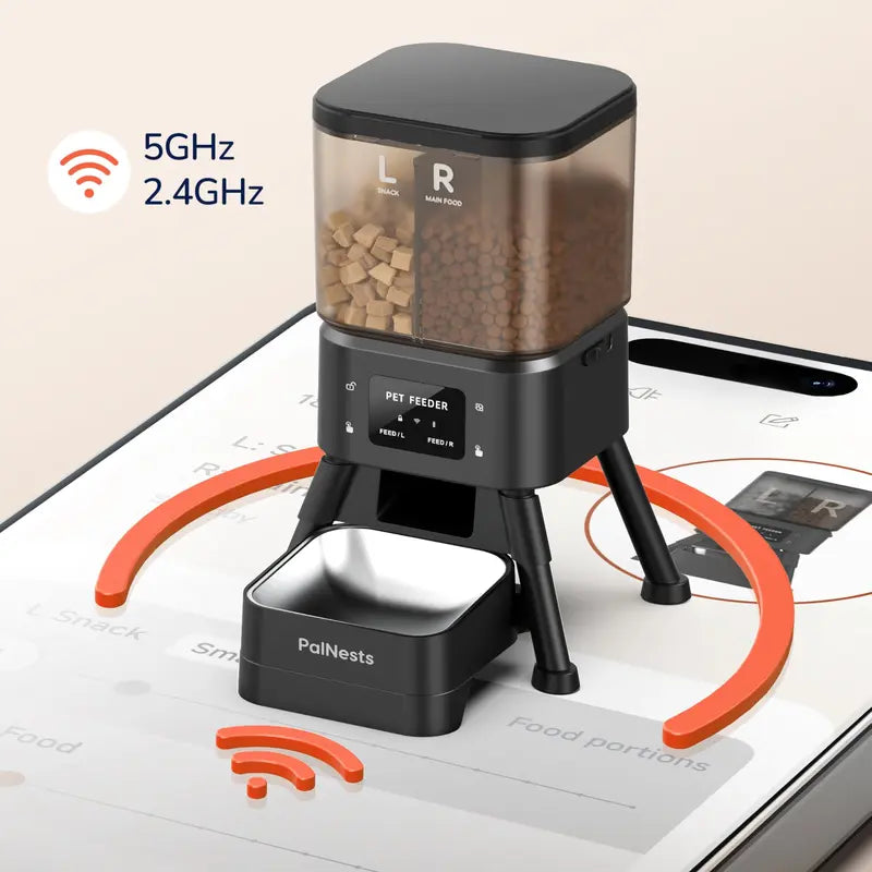 Palnests Smart 2-Hopper Automatic Pet Feeder - 4L Dry Food Dispenser with Detachable Stainless Steel Bowls, 2.4Ghz & 5Ghz Dual-Band Wifi Sync, Airtight Design, App Control, Timed Feeding, Dual Power Backup, Low Food Alerts for Cats & Small/Medium Dogs