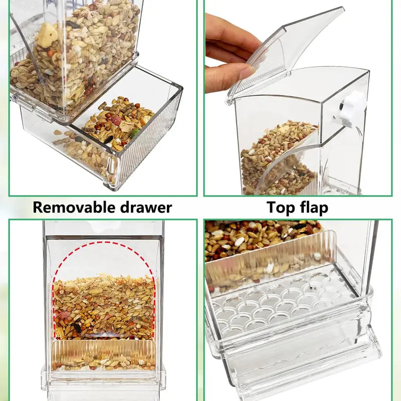 Automatic Bird Seed Feeder No Mess, Clear Acrylic Parrot Food Dispenser with Perch Stand, Smart Bird Cage Accessories for Small Parrots, Parakeets, Finches, Canaries