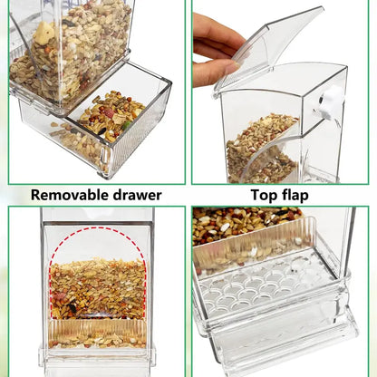 Automatic Bird Seed Feeder No Mess, Clear Acrylic Parrot Food Dispenser with Perch Stand, Smart Bird Cage Accessories for Small Parrots, Parakeets, Finches, Canaries