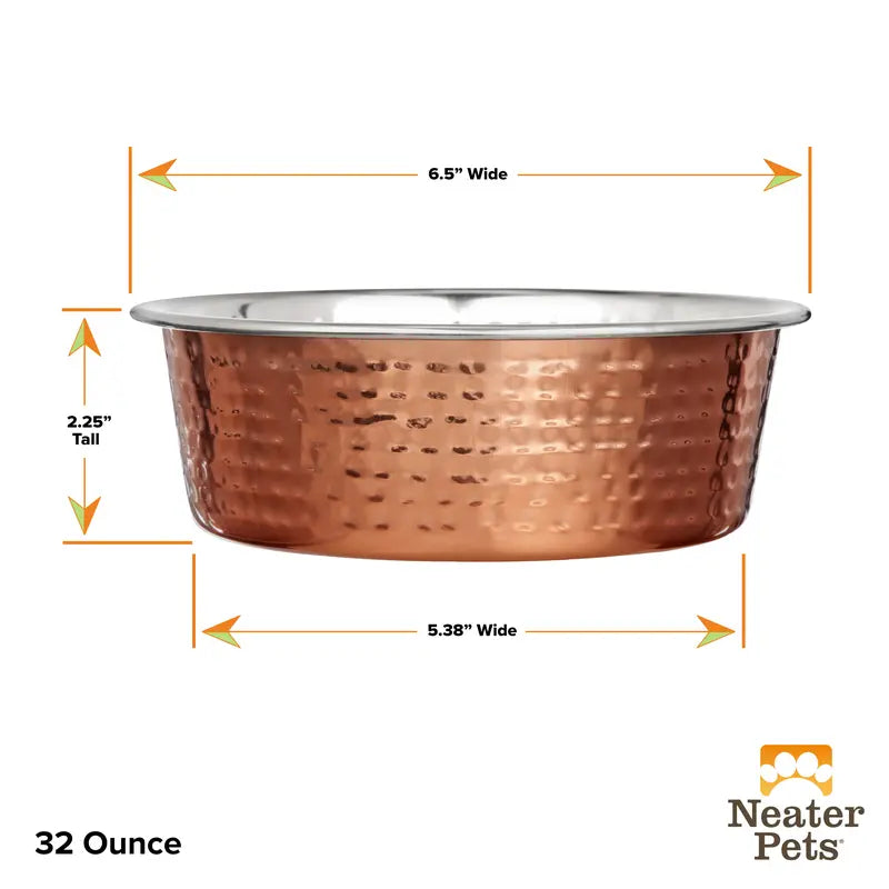 Neater Pets Hammered Copper Finish Pet Bowls for Dogs or Cats - 16-64 Oz Stainless Steel Interior No-Skid Design for Food & Water