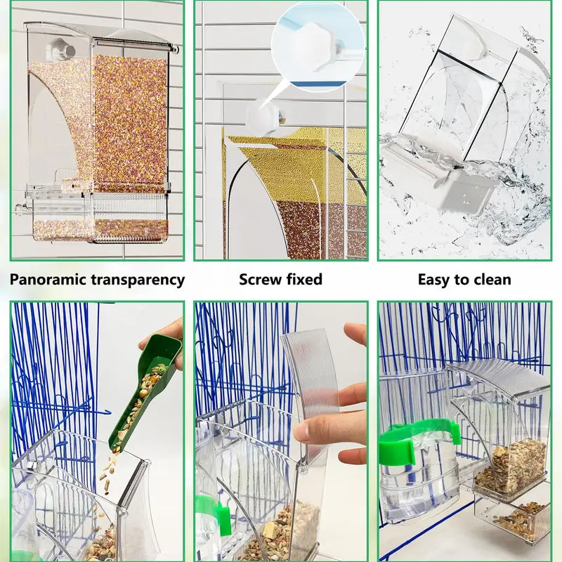 Automatic Bird Seed Feeder No Mess, Clear Acrylic Parrot Food Dispenser with Perch Stand, Smart Bird Cage Accessories for Small Parrots, Parakeets, Finches, Canaries
