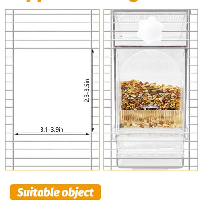 Automatic Bird Seed Feeder No Mess, Clear Acrylic Parrot Food Dispenser with Perch Stand, Smart Bird Cage Accessories for Small Parrots, Parakeets, Finches, Canaries