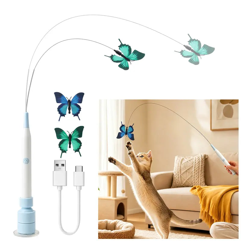 Automatic Interactive Butterfly Cat Teaser Toy,Usb Charging,360° Swivel Rotation,Detachable Handle, Dual-Purpose Design,Prevents Boredom for Indoor Cats Cat Toy Kitten Petlovers