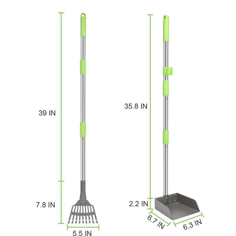 Dog Pooper Scooper Tray and Rake Set with Adjustable Stainless Steel Long Handle for Large, Medium & Small Dogs