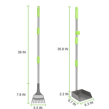 Dog Pooper Scooper Tray and Rake Set with Adjustable Stainless Steel Long Handle for Large, Medium & Small Dogs