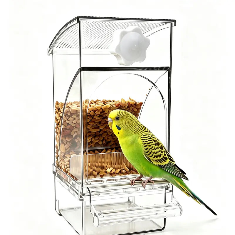 Automatic Bird Seed Feeder No Mess, Clear Acrylic Parrot Food Dispenser with Perch Stand, Smart Bird Cage Accessories for Small Parrots, Parakeets, Finches, Canaries